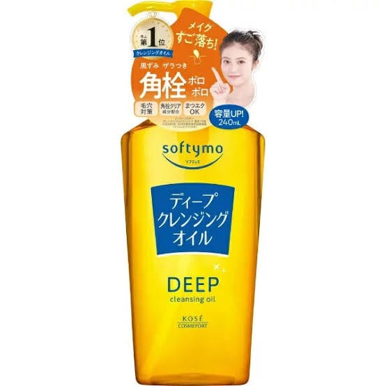 Yellow bottle of Kose Softymo Deep Cleansing Oil with a pump
